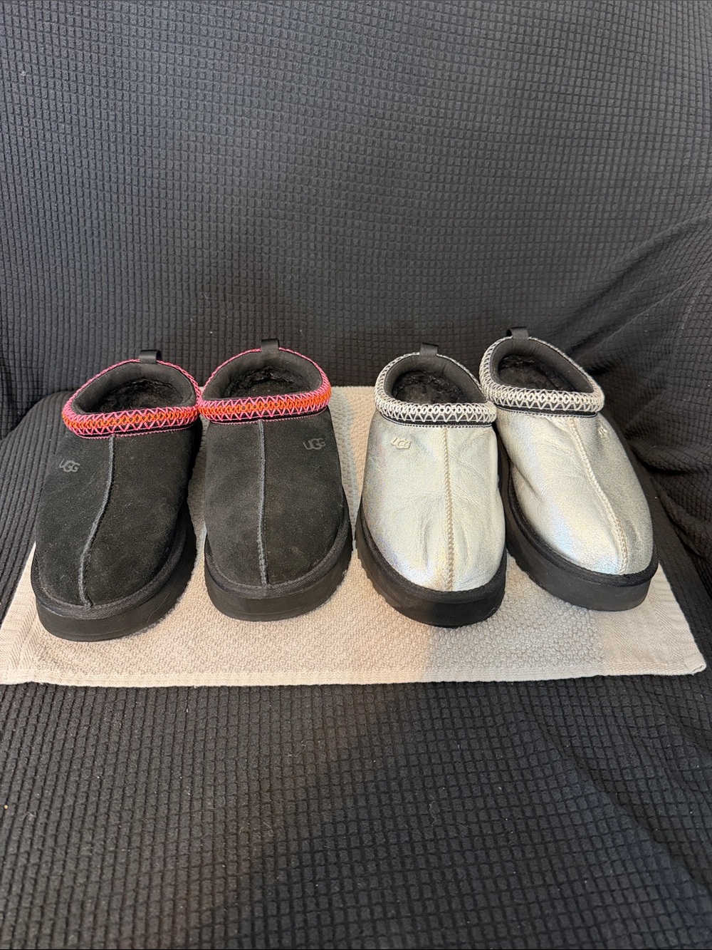 UGG Men’s Slip-On Clogs in Black with Red Trim & Silver Metallic